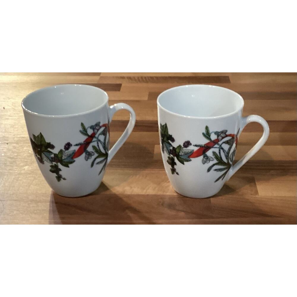 Brylane Home Set of 2 Christmas Jolly Time Mugs Ribbon & Floral Holiday